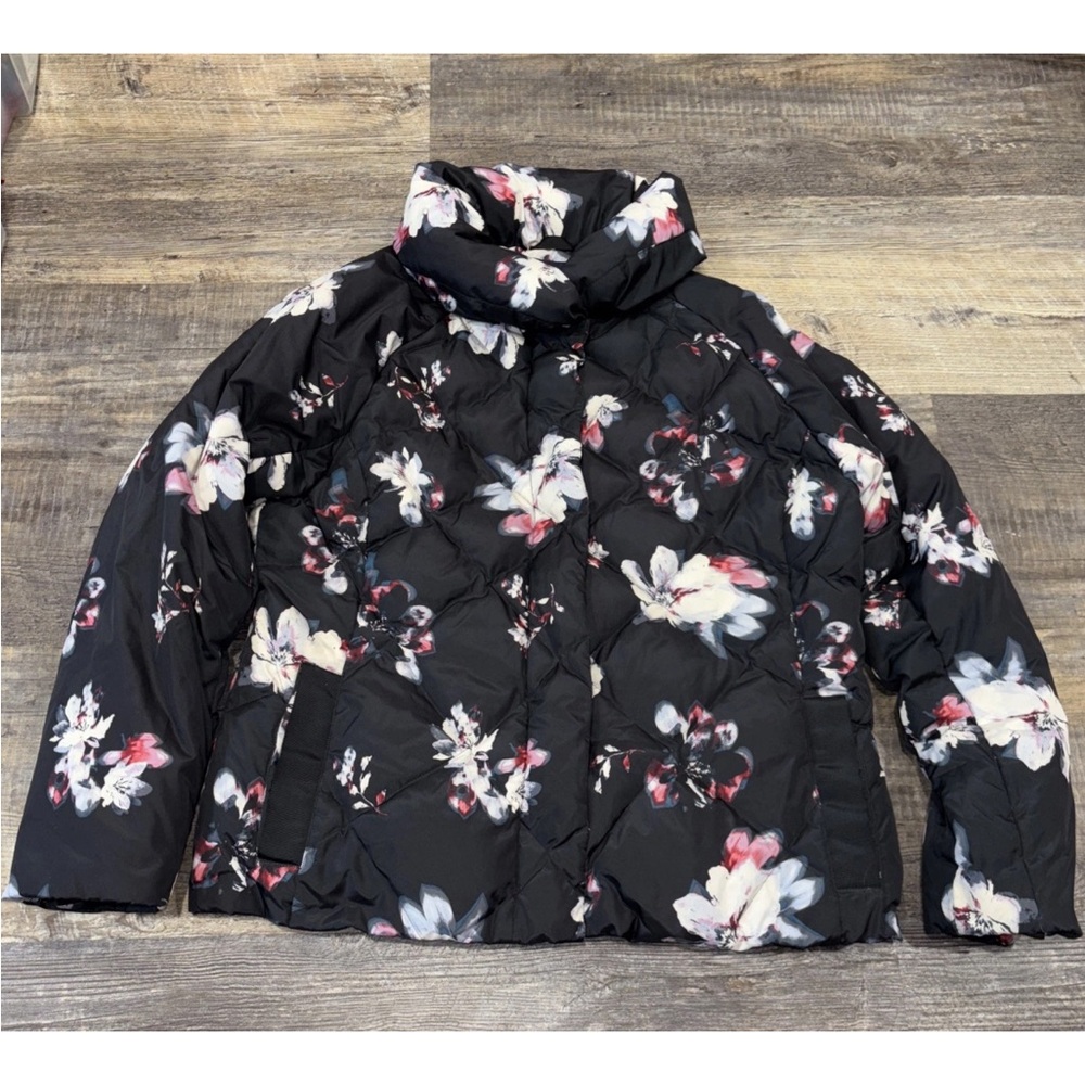 Lands End Down Puffer Coat Girls Size Large 14-16 Black Floral